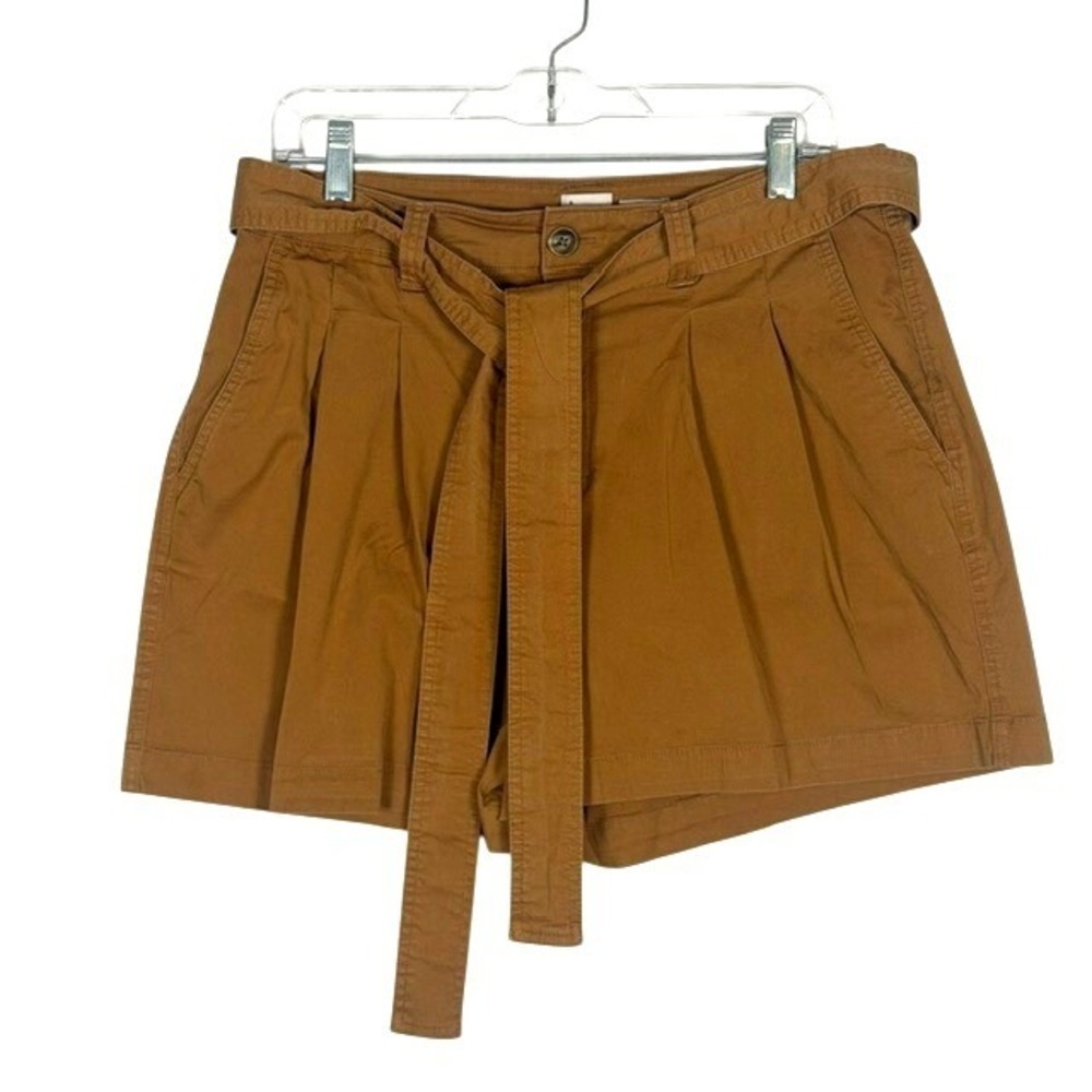 A New Day Women Cognac Brown High Rise Tie Waist Pleated Utility Shorts Size 12
